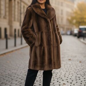 Calvin Klein Women's Small Luxe Brown Faux Fur Coat Pockets Timeless Hollywood